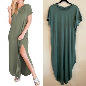 Anrabess Women's Maxi Dress XL Green Stretch Jersey Knit Longline Bohemian